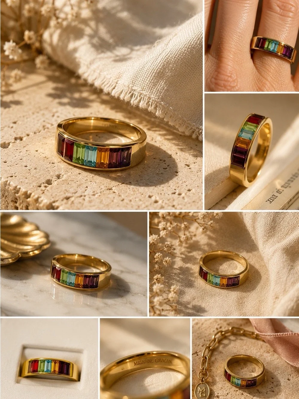 14KT GE Rainbow Baguette Crystal Band Ring Electroplate Multicolored Stack Ring